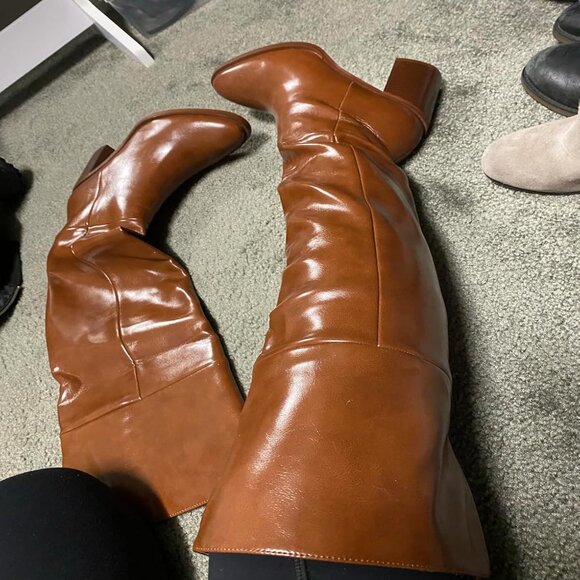 🆕Women Brown Pu Over the Knee Square Toe Chunky Heel Patent Leather Long Boots - Picture 1 of 12